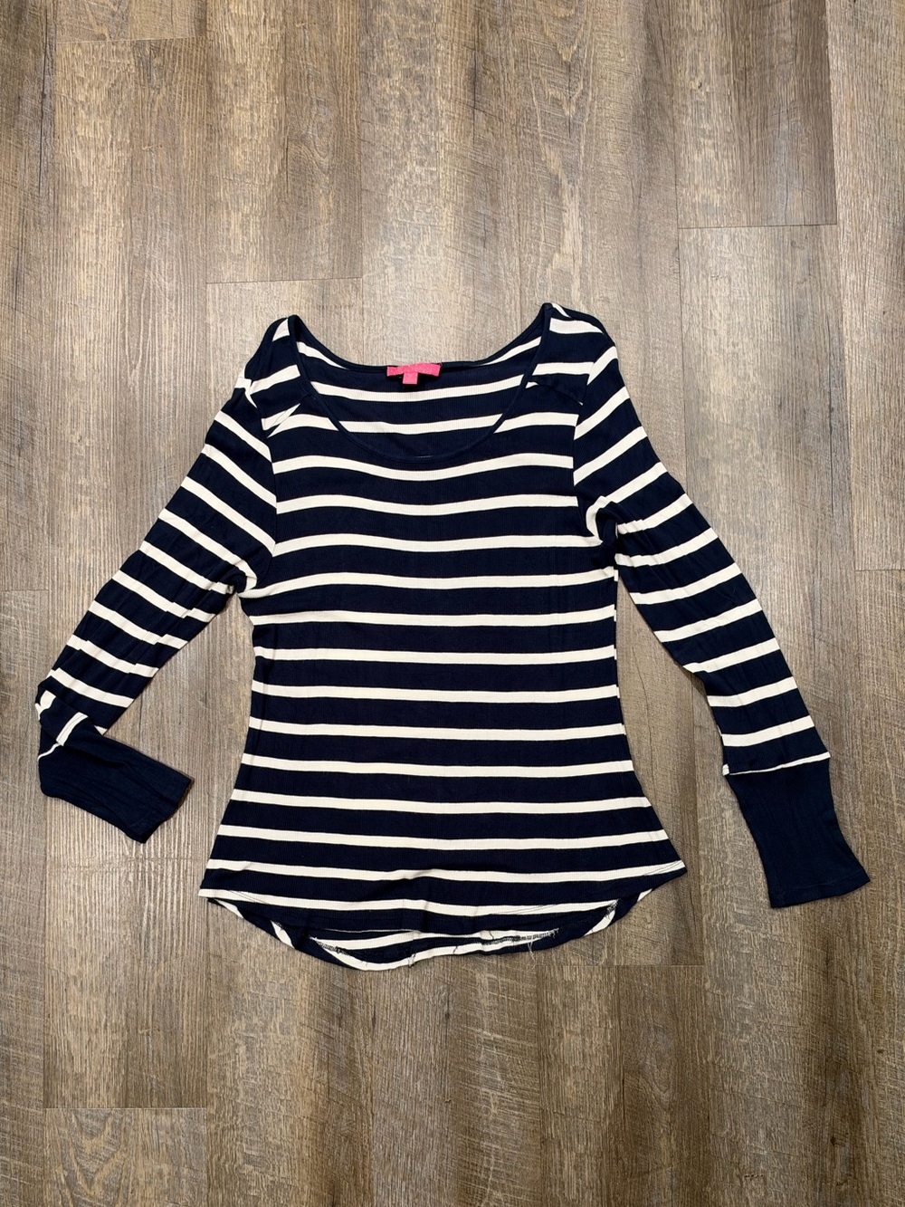 Plus size Striped Scoop Neck Long-Sleeve Top in Navy and White